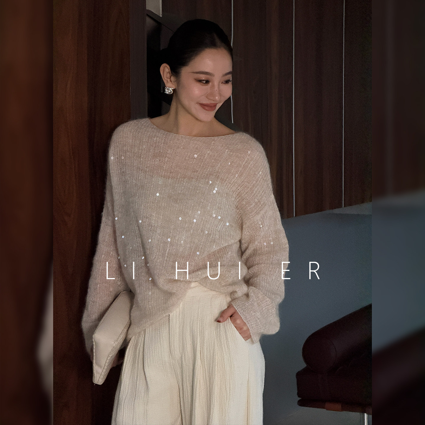 LiHuiErの春水茶柄モヘアスパンコールセーター、レディース用レイジーニットトップス