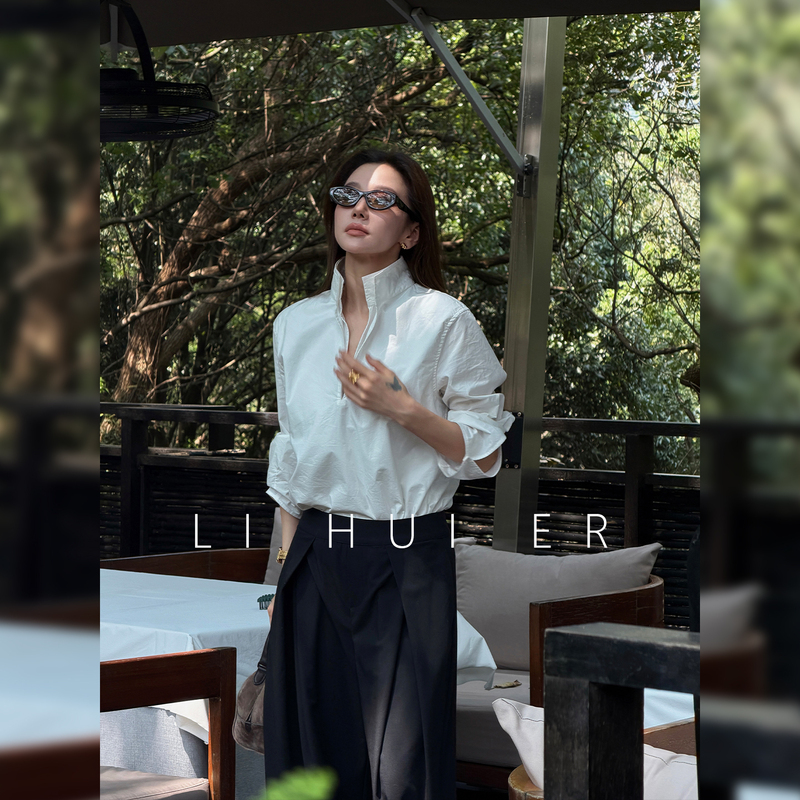 Lihuier [Paris Crease] 100% Cotton White Relaxed Casual Lapel Shirt Casual Top