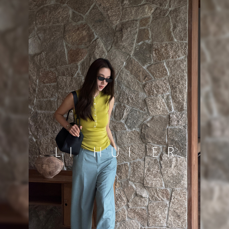 Lihuier Li Hui'Er Missed the Sunny Day Summer New Style Versatile Green Sleeveless Knitted Vest Top