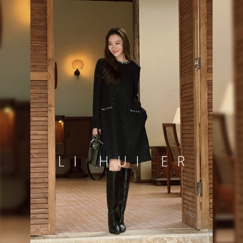 Lihuier [Liz's Afternoon] Sheep Wool Long-Sleeved Black Chanel-Style Straight Short Dress