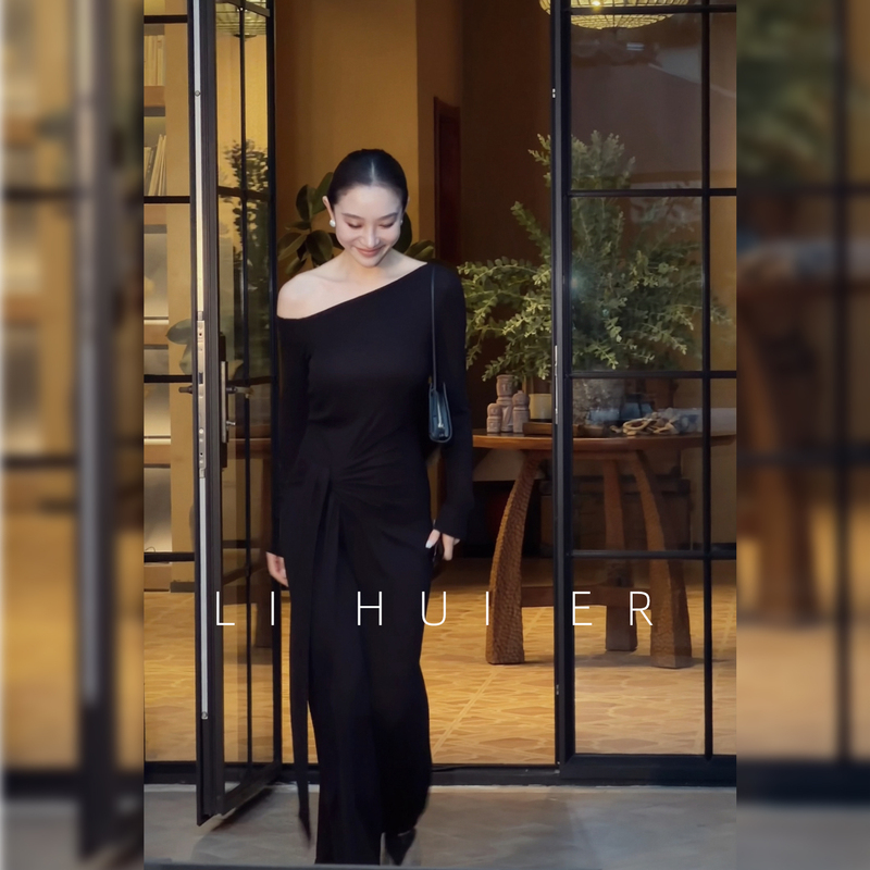 Lihuier Li Hui'Er Mo Ting Night Song Merino Wool Asymmetrical Neck Twist Long Sleeve Black Dress Slimming Long Dress Lihuier Li Hui'Er Mo Ting Night Song Merino Wool Asymmetrical Neck Twist Long Sleeve Black Dress Slimming Long Dress