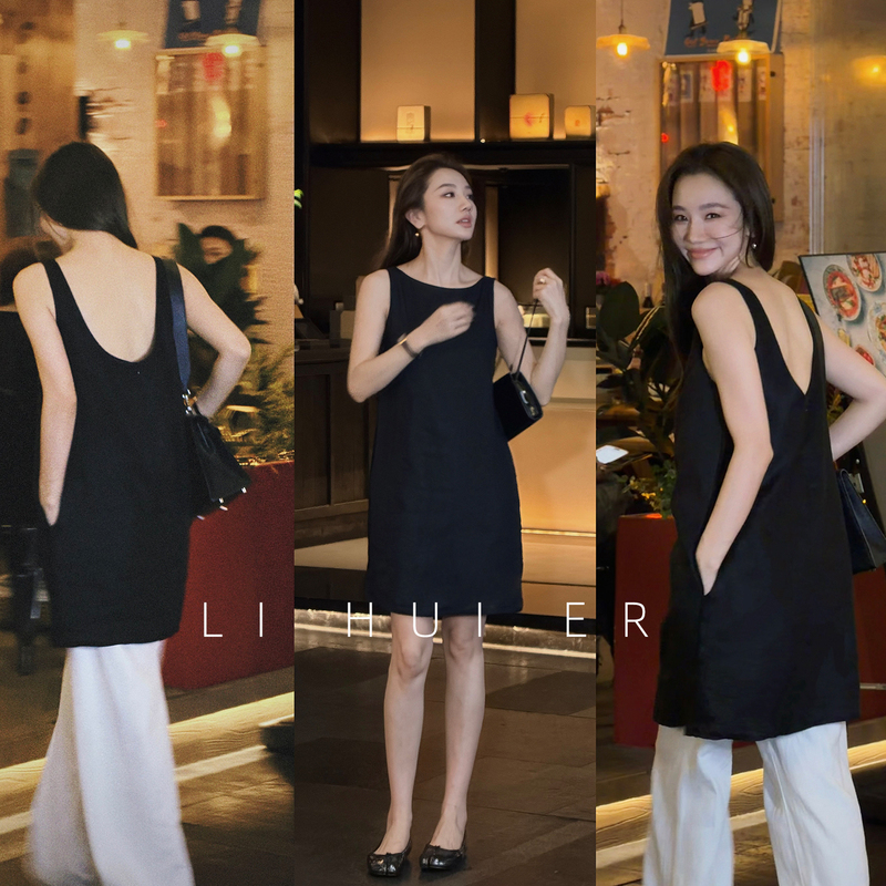 Lihuier Mandala 100% Linen Summer Slimming Black Versatile Short Tank Dress Lihuier Mandala 100% Linen Summer Slimming Black Versatile Short Tank Dress