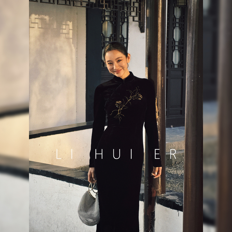 Lihuier Oriental Dream New Chinese Style Black Velvet Cheongsam Dress with a Sense of Design, Long Dress