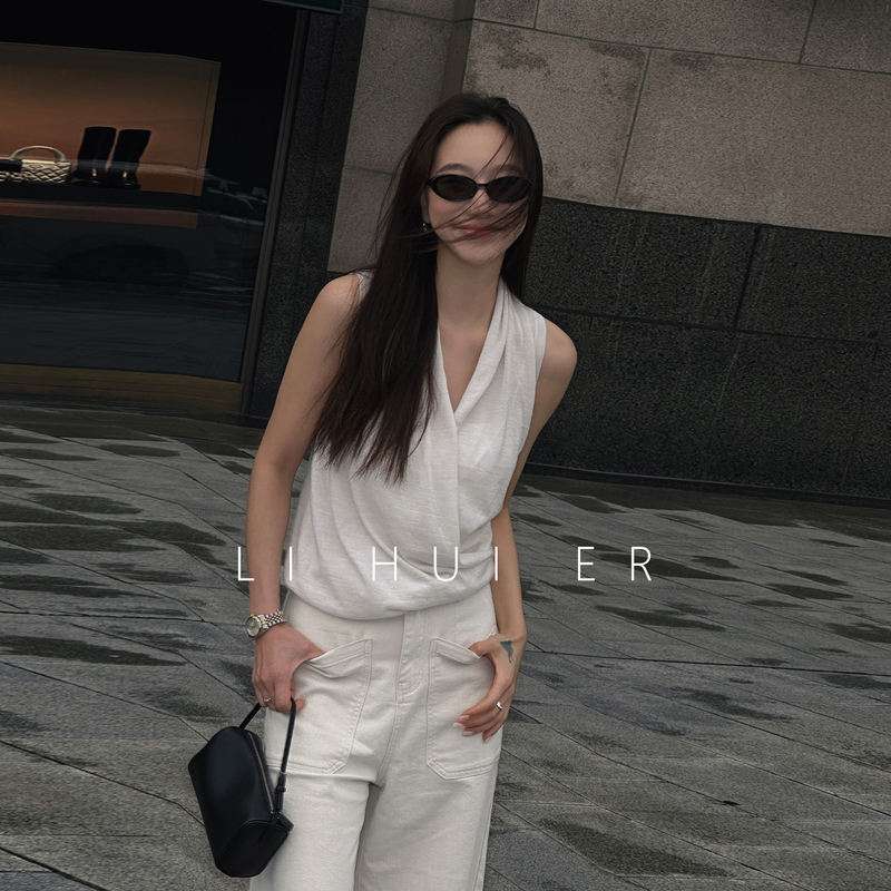 Lihuier Li Hui'Er Song Yue Sleeveless Vest Top for Women, Summer Outerwear with a High-End Feel, Cross-Design Knitwear