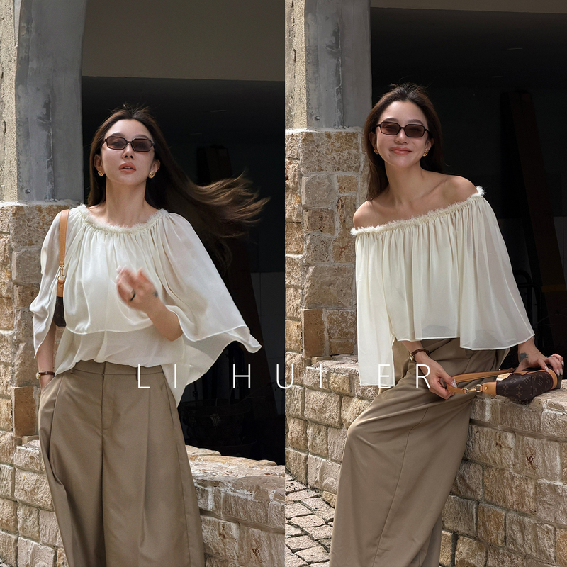 Lihuier [Moonlight Delicacy] Summer Versatile Beige Cape Shawl Off-Shoulder Blouse Top