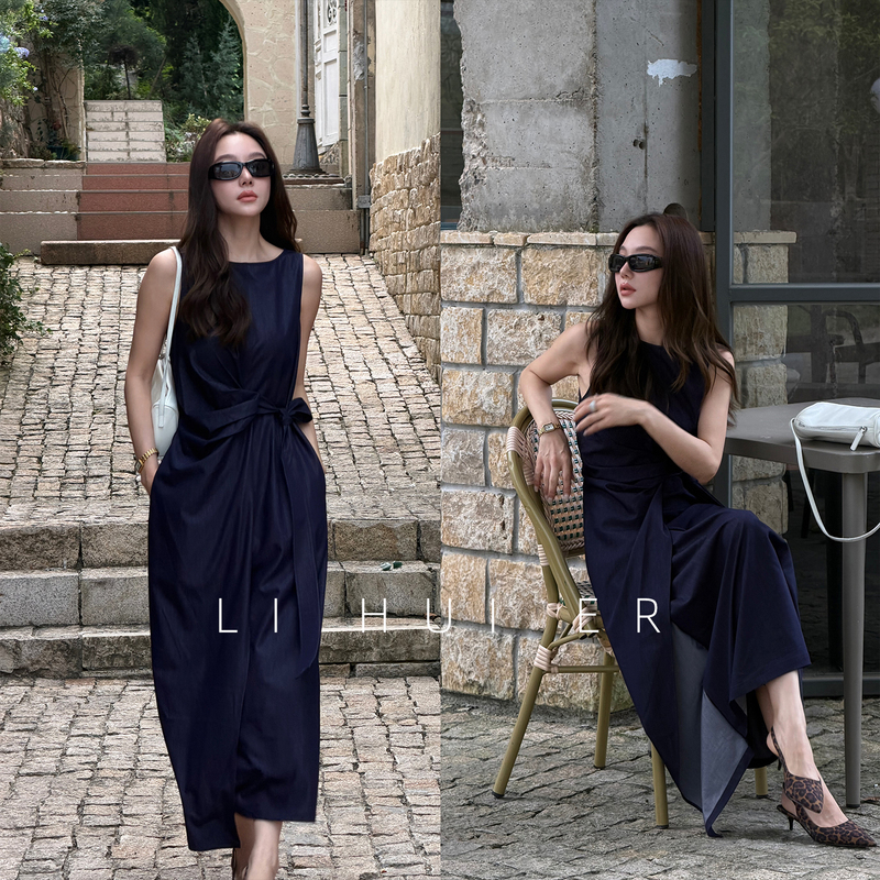 Lihuier [Yin Xibei Dong] Summer Style Lace-Up Waist-Cinching Navy Blue Sleeveless Tank Dress