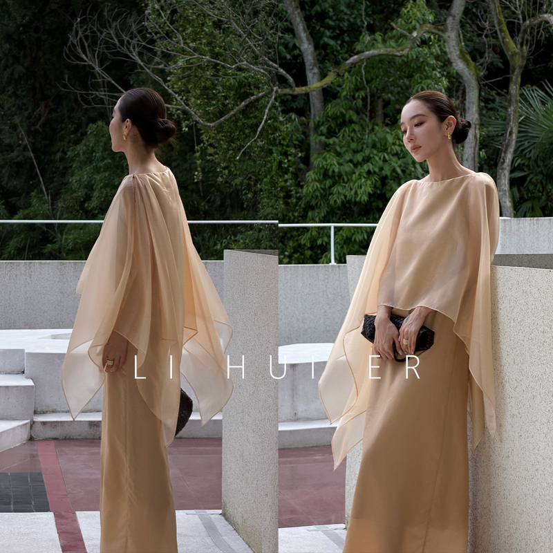 Lihuier [Louvre Cinema] Tencel Fake Two-Piece Cape Champagne Gold Sleeveless Dress Summer