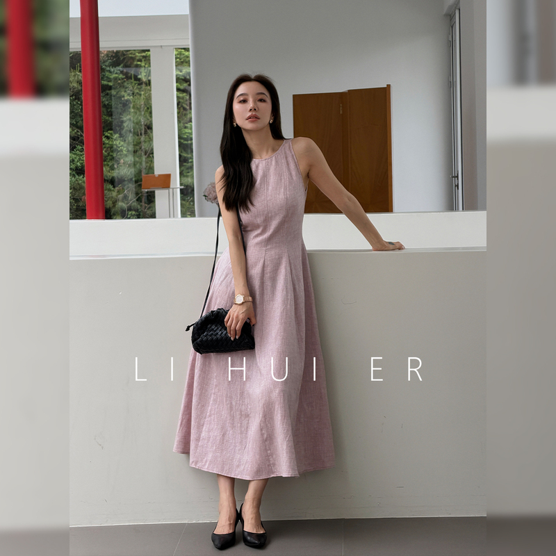 Lihuier [Manbo Liuliang] Summer Light Pink Round Neck Sleeveless High Waist Slim Fit Lyocell Tank Dress