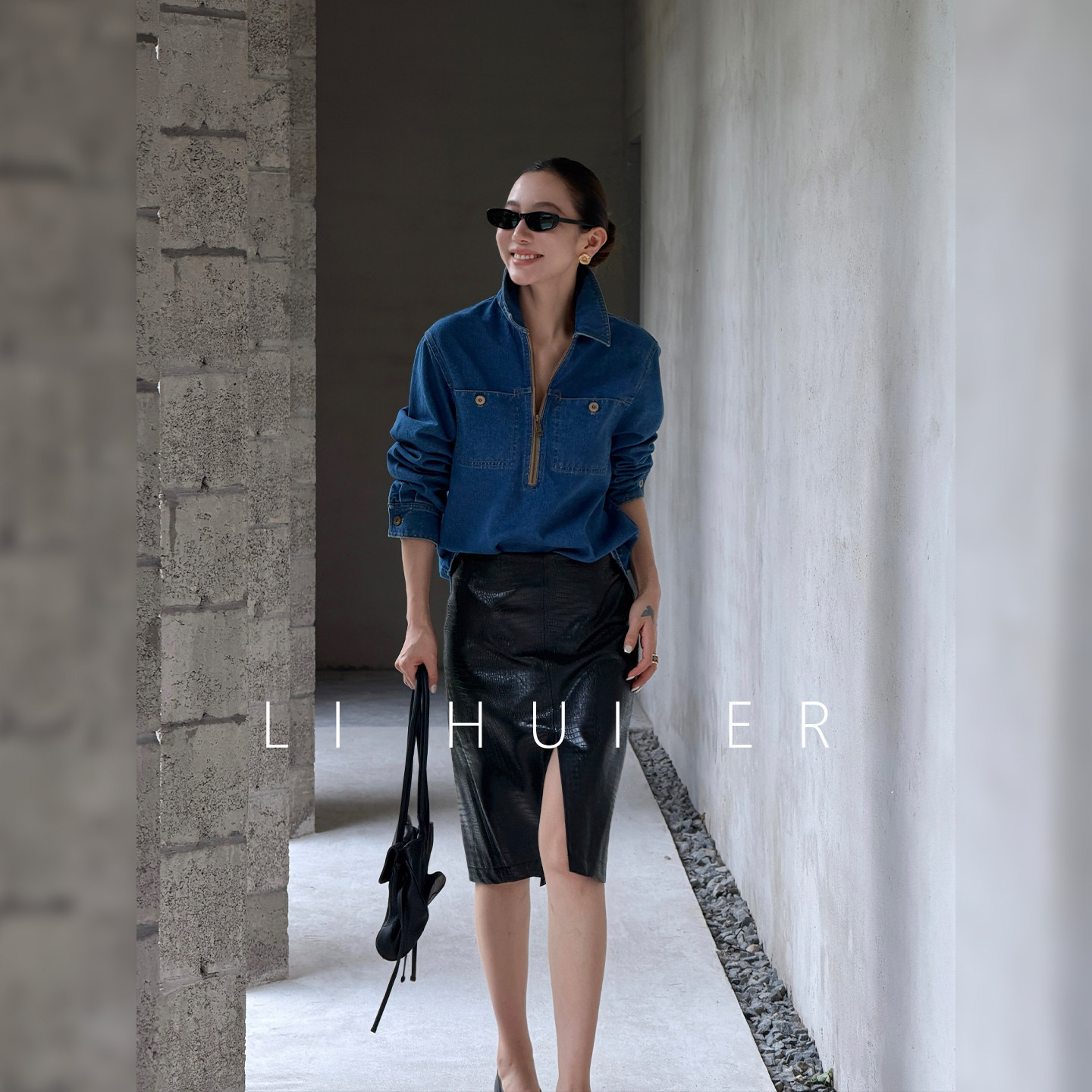 เสื้อเชิ้ตยีนส์ครึ่งซิปสีน้ำเงิน แนวเรโทร แฟชั่นฤดูใบไม้ร่วง แบรนด์ Li Hui Er [Bruce]
