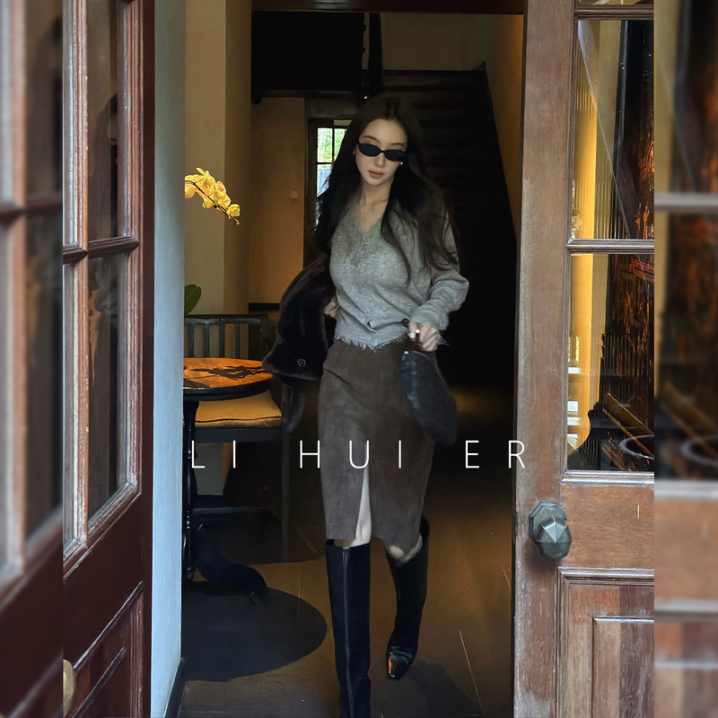Lihuier Li Hui'Er Fan Dai Ke Hui High-End Exquisite Hip-Covering Slimming Leather Skirt in Maillard Brown Half-Length Skirt Lihuier Li Hui'Er Fan Dai Ke Hui High-End Exquisite Hip-Covering Slimming Leather Skirt in Maillard Brown Half-Length Skirt