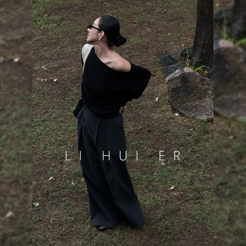 Lihuier Vancouver Dance Style Design Wool Sweater Minimalist Lazy Knitwear Asymmetrical Shoulder Top