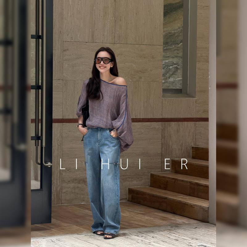 Lihuier Li Hui'Er Shuoyue Beach Blue Cotton Vintage Straight Ripped Casual Versatile Jeans for Women