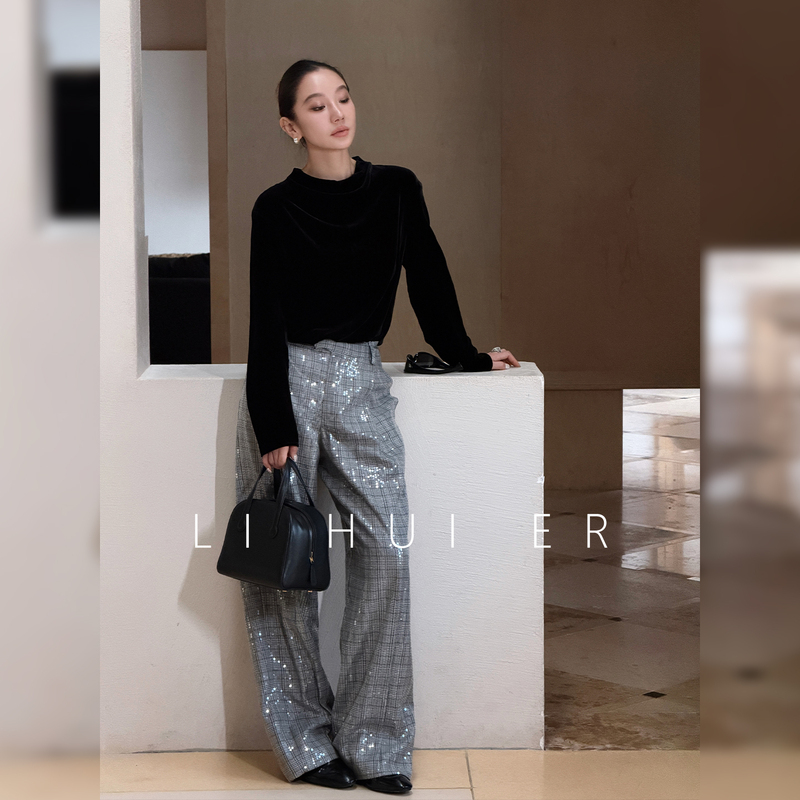 Li Hui Er [Wendell Style] Sequin Plaid Casual Pants Loose Drape Wide-Leg Pants for Women