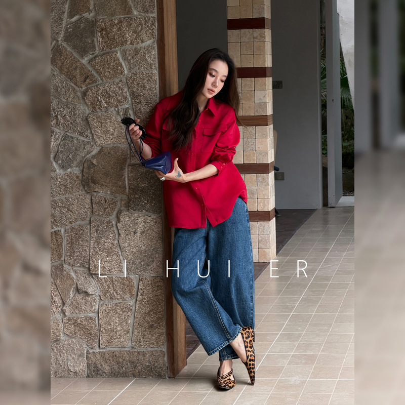 Li Hui Er [Red Eaves Evening] High-End Berry Red Top Women's Autumn Design Vintage Shirt