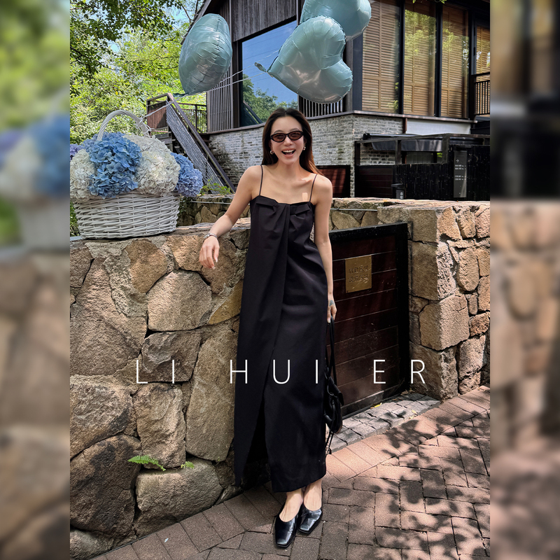 Lihuier [Miao Li] Autumn High-End Simple Black Slit Slip Dress Tube Top Dress