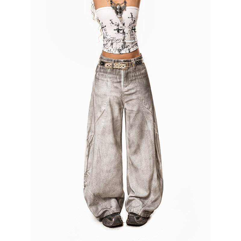 Arielink Vintage-Style Dirty-Dyed White Jeans for Women, Retro Distressed Straight-Leg Wide-Leg Scimitar Pants