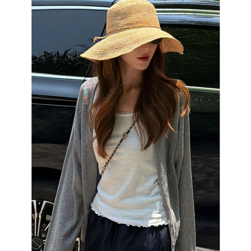 Fiery Fire【Buff Shirt】Solid Color Cardigan for Women, New Style with Suspenders, Elegant Casual Long-Sleeve Thin Top Jacket