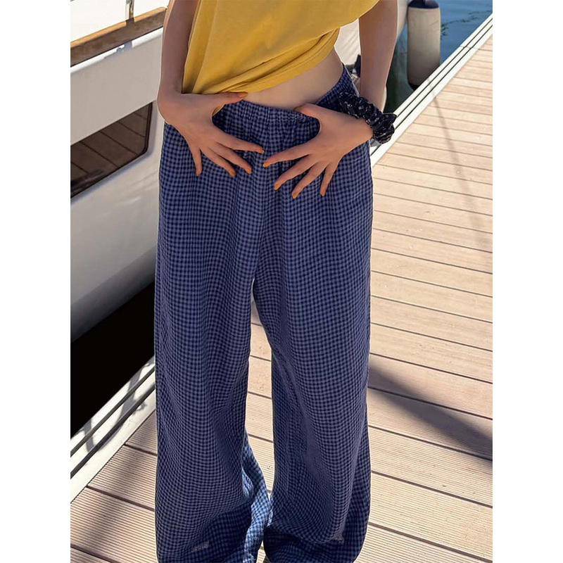 Fiery Fire【Focus Plaid Pants】Blue Retro Plaid Casual Pants for Women New Elastic Waist Straight-Leg Long Pants