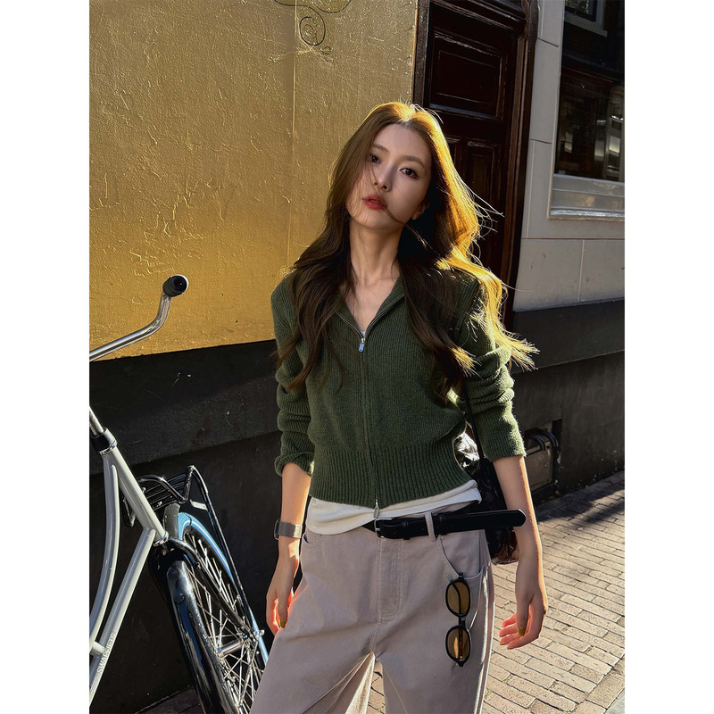 Fiery Flame【Green】Lazy Style Hooded Zipper Knitted Cardigan for Women, New Slim Fit Short Korean Style Jacket Fiery Flame【Green】Lazy Style Hooded Zipper Knitted Cardigan for Women, New Slim Fit Short Korean Style Jacket