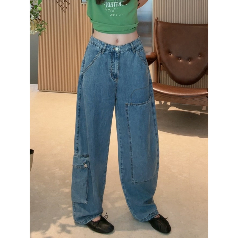 Fiery Fire【Versatile Denim】Straight-Leg Large Pocket Workwear Jeans for Women New Classic Versatile Casual Long Pants
