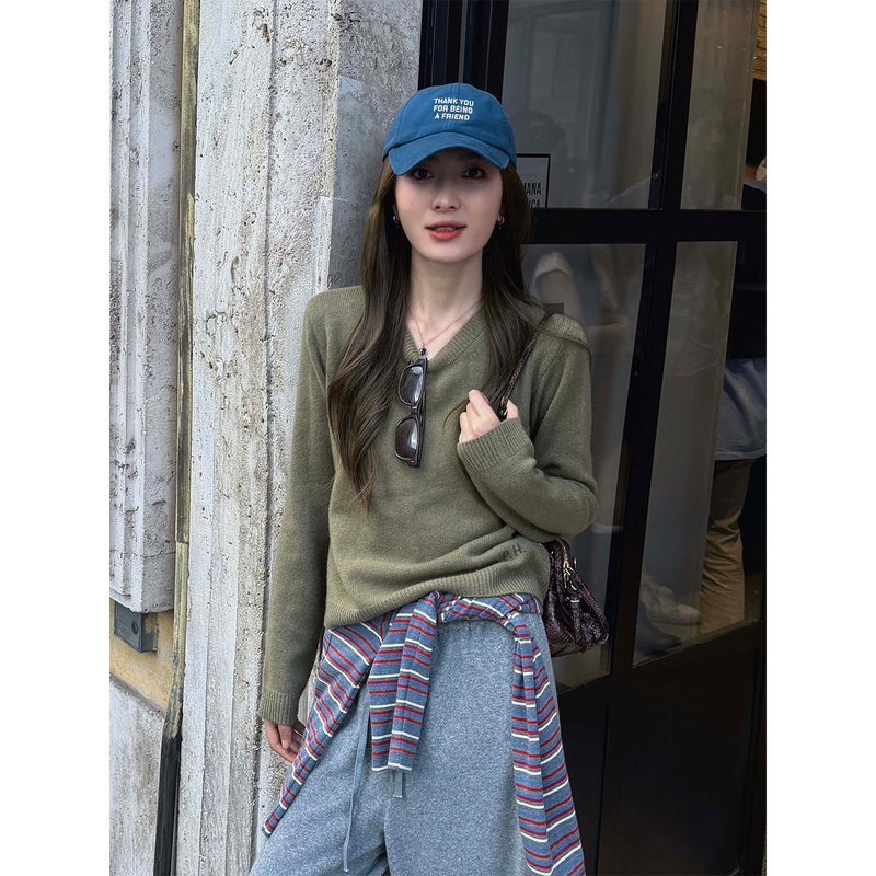 Fiery Fire【Free Growth】Autumn Wool Fleece Avocado Green Minimalist High-End Pullover Sweater