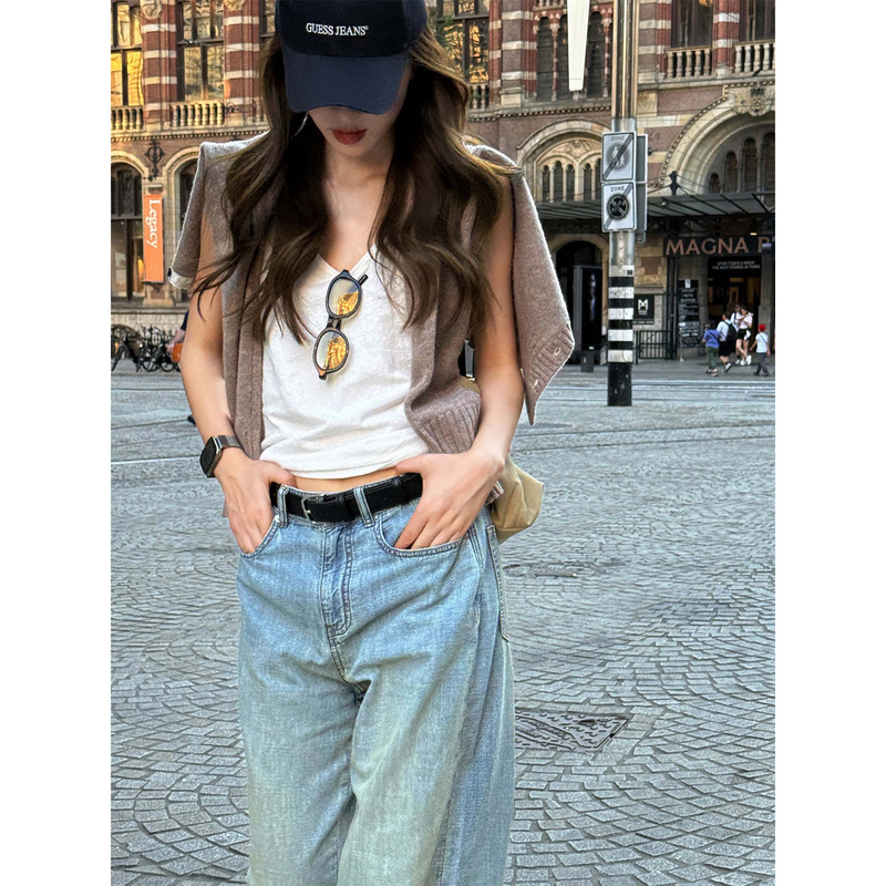 Chihuohe [High-End] Korean-Style Retro Washed Wide-Leg Jeans for Women, New Floor-Length Pants That Cover the Hips and Make You Look Taller