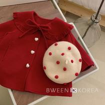 Korean girls red woolen coat New Years wear 24 winter Korean style childrens clothing fashionable Internet celebrity doll collar