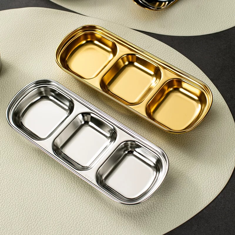 304 Stainless Steel Korean-Style Golden Dipping Sauce Dish Bowl Hot Pot Seasoning Sauce Plate Barbecue Tableware Two/Three/Four-Compartment Plate