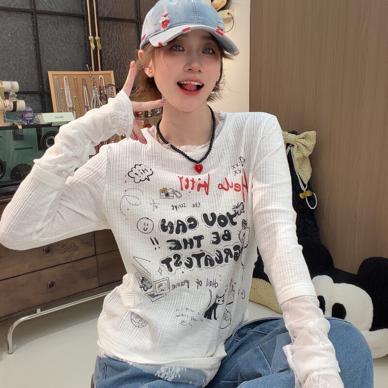 Apr.【Lace Sash】Spring New Round-Neck Lace Patchwork Cartoon Digital Print T-Shirt Top St696