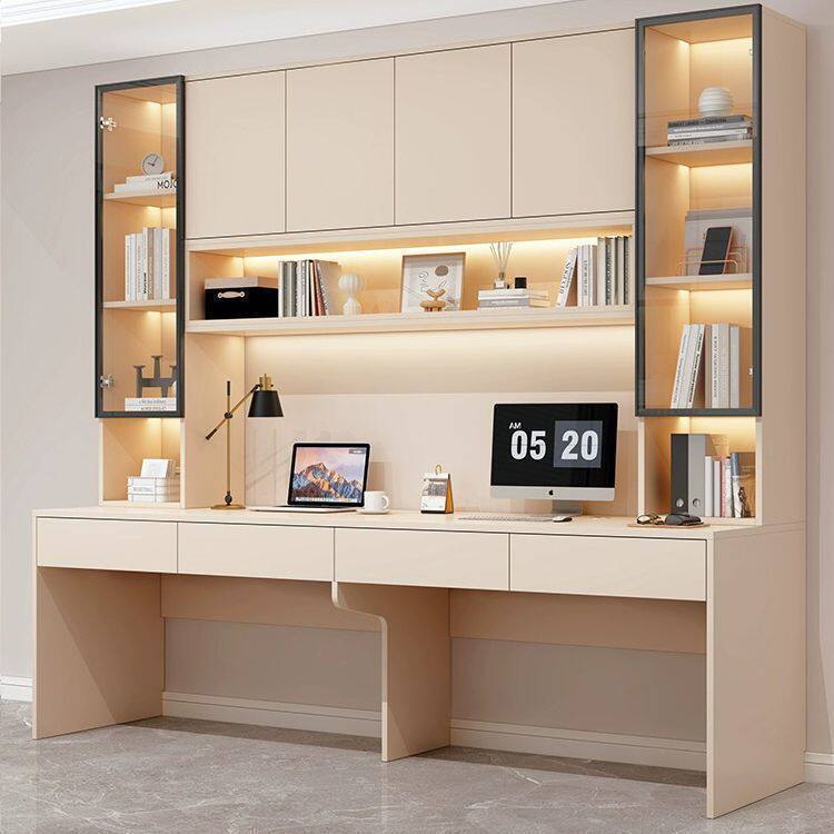 Double Desk and Bookcase Integrated into the Wall, Computer Desk and Bookshelf, Light Luxury Style with Glass Doors, Student Bedroom Study Desk