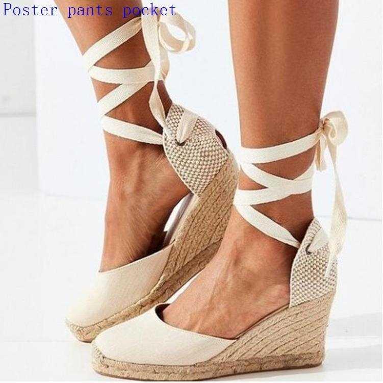 Sandals, Women's Round Toe, Wedge Heel, Hemp Rope Platform Sandals with Straps