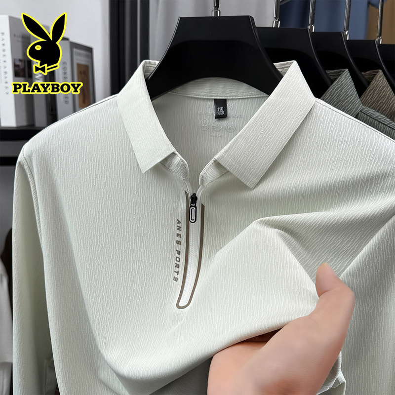 Playboy Long-Sleeved Polo Shirt for Men, Spring and Autumn Half-Zip Elastic Breathable T-Shirt, Middle-Aged Casual Lapel Top Trendy