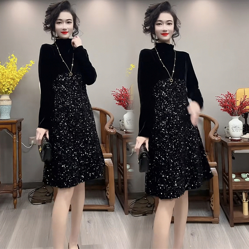 High-End Starry Sequin Dress for Women, Autumn 25, High-Neck, Long-Sleeved, Patchwork, Versatile, Slimming, Mid-Length Base Dress