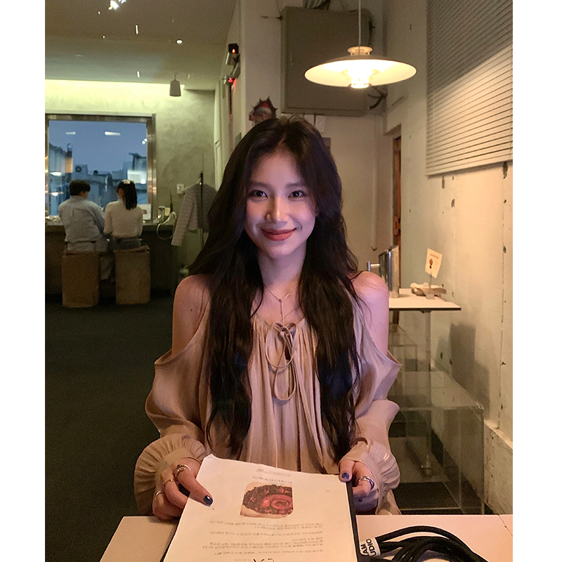 Daqianwithu Gilded Elegant Off-Shoulder Flower Bud Blouse for Women, French Style Gentle Temperament Off-Shoulder Long Sleeve Top