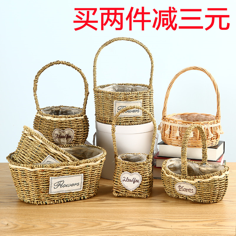 Creative Woven Grass Croquet flower basket Flower Pots Vines vines Woven Garden Gold Gross Multimeat Floral Flower Arrangements Hand Flower Basket Home Decoration