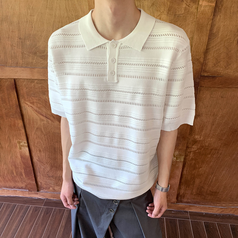 Oalin American Retro Hollow-Out Textured Lapel Knitted Short-Sleeve Summer Loose Breathable Versatile Polo Shirt for Men