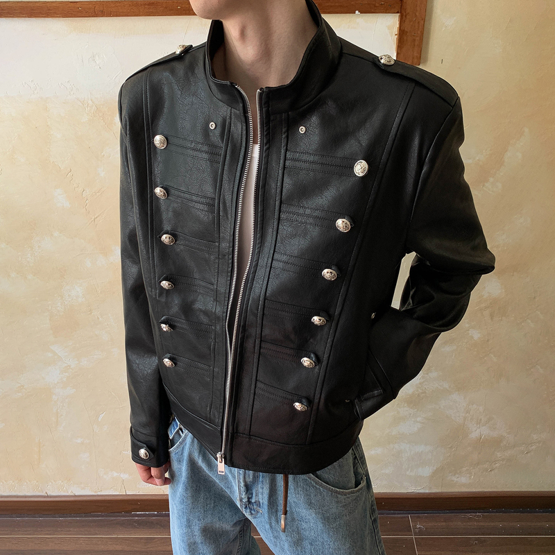 Oalin American Retro Court-Style Button-Decorated Epaulette Leather Jacket, Light Street Style, Waist-Cinching Slim-Fit Coat for Men