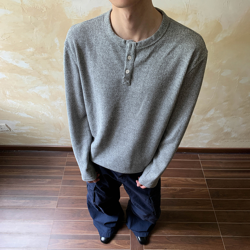 Oalin Retro Minimalist Henry Collar Knitted Long-Sleeve T-Shirt for Men and Women, Loose Casual Commuter Base Layer Top for Autumn