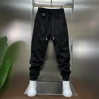 春季新款男士休闲裤纯色条纹时尚潮流百搭修身哈伦裤弹力显瘦长裤