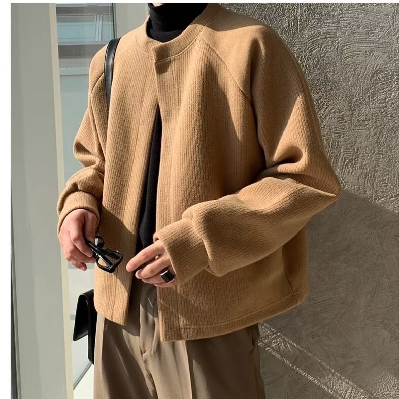 Autumn Plus Size 125kg Round Neck Knitted Cardigan Jacket for Men, Korean Style Trendy Loose Japanese Fashion Sweater Jacket