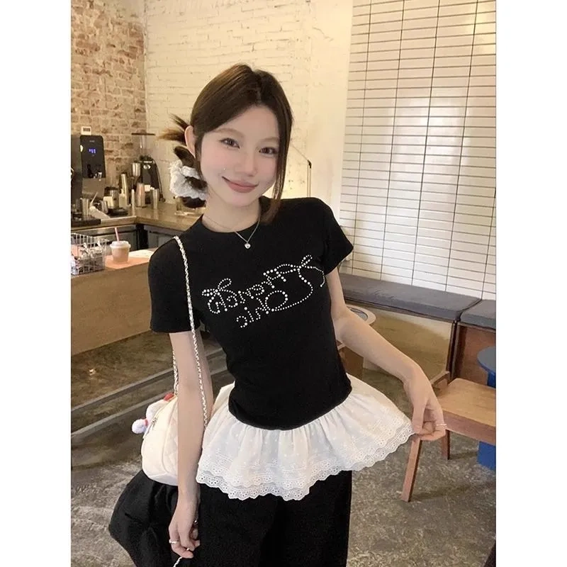 Korean-Style Black Lace-Trimmed Short-Sleeve T-Shirt for Women, Summer New Slim-Fit Versatile Top Trendy