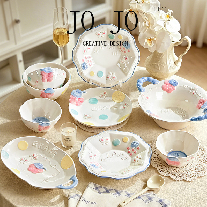 Jojo Cute Dishes and Tableware, High-Quality Household Ceramic Salad Bowls, Rice Bowls, Beautiful Plates, Breakfast Plates