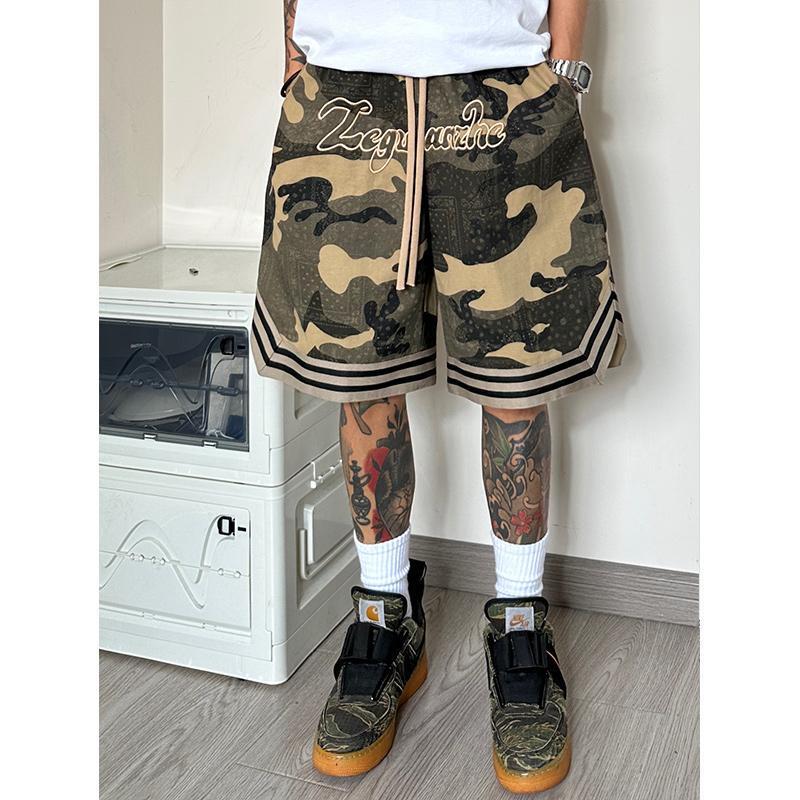 Extra Large Size 150kg Camouflage Shorts for Men, Summer Embroidered Sports Basketball Casual Five-Point Pants, Loose Straight-Leg Mid-Length Pants