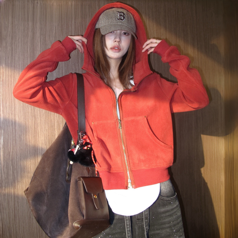European Style Double Zipper Fleece-Lined Hooded Red Sweatshirt Jacket for Women, Spring and Autumn, Casual, Fashionable, Stylish, Long-Sleeved Cardigan Top