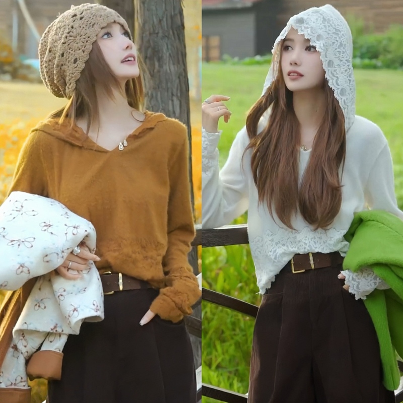 Korean-Style Fashionable Age-Reducing Lace Hollow-Out Hooded Knit Sweater for Women, Perfect for Early Autumn, Great for Layering as an Inner Layer or Base Top Korean-Style Fashionable Age-Reducing Lace Hollow-Out Hooded Knit Sweater for Women, Perfect for Early Autumn, Great for Layering as an Inner Layer or Base Top