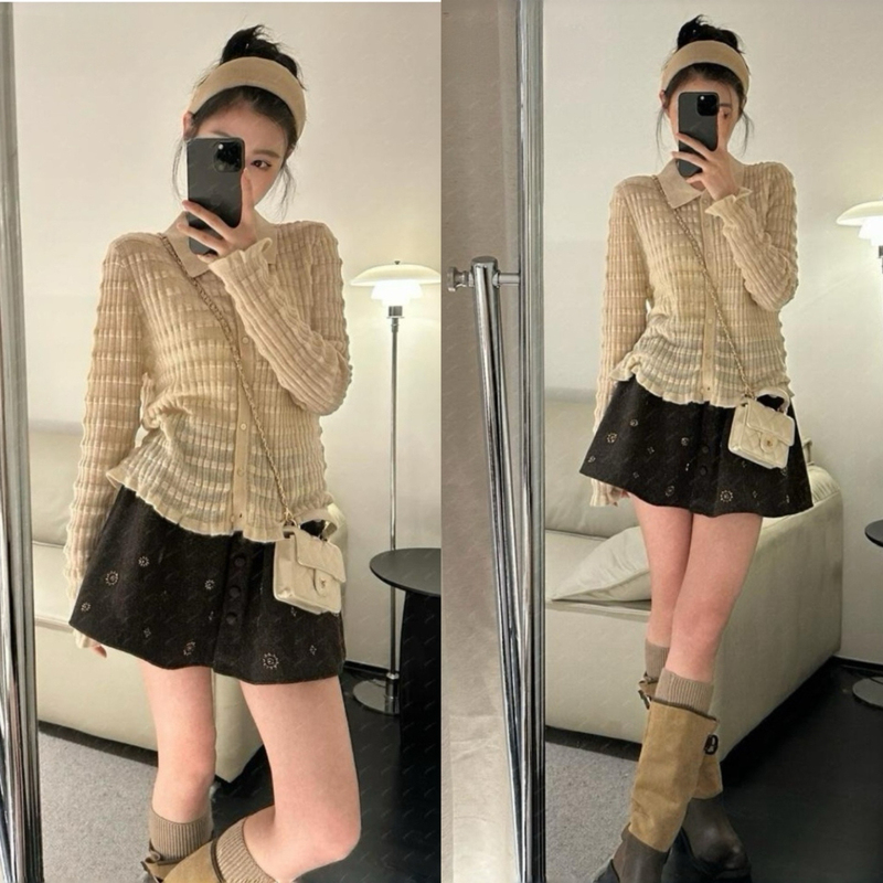 Gorgeous Spring Outfit Set: Korean Retro Style, Chanel-Inspired Ribbed Knit Sweater, Embroidered Skirt Set
