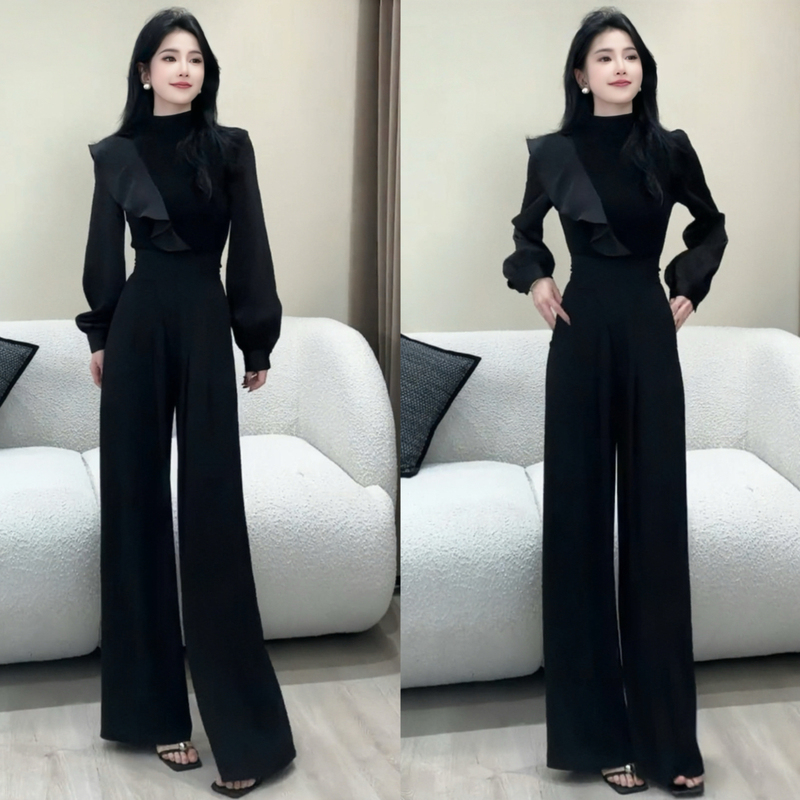 A Stunning Early Autumn Outfit with a Sophisticated and Elegant Vibe: a Half-High Collar Long-Sleeve Top and Wide-Leg Pants Set