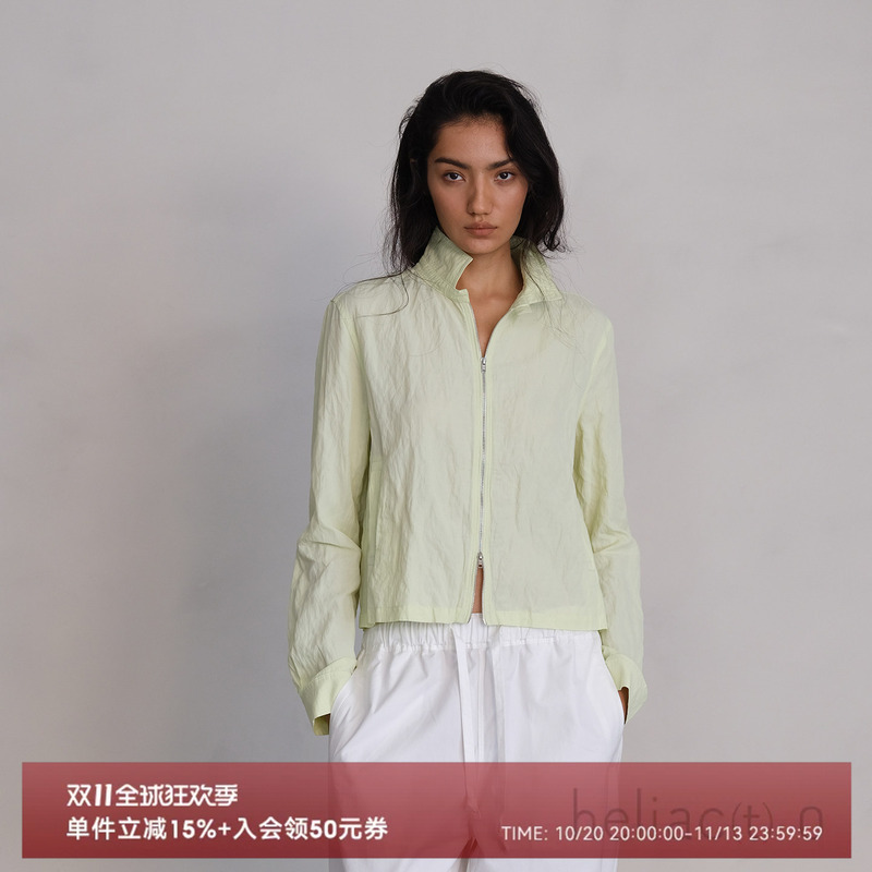 Heliact O 26 Autumn and Winter Imported Metallic Thread Fluorescent Green Thin Jacket for Women, Neat and Simple Stand-Up Collar Short Coat