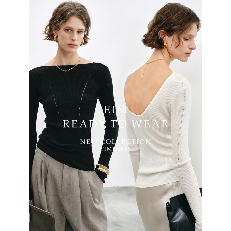 Eim100%Brisbane Merino Wool "Shadow Weave" Double-Front and Back Design Deep U Backless Knit Sweater