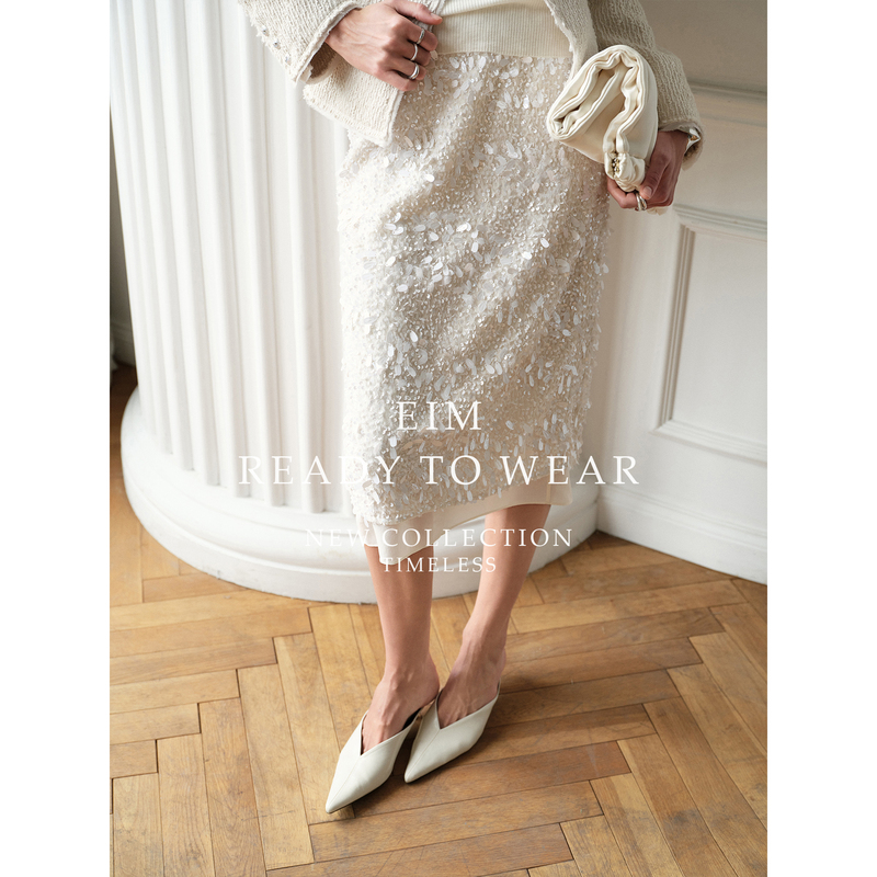 Eim Elegant Wind-Blown Sequin Straight Skirt for Women, Autumn Lightweight and Ethereal Mid-Length Skirt with Back Slit Eim Elegant Wind-Blown Sequin Straight Skirt for Women, Autumn Lightweight and Ethereal Mid-Length Skirt with Back Slit